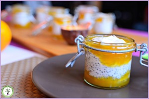 Coconut chia pudding with passion fruit sauce recipe. Gluten free, dairy free, vegan.